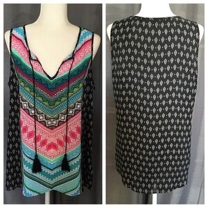 Zac & Rachel Tunic Top Size LARGE Tassels Boho Colorful Side Slits Sleeveless